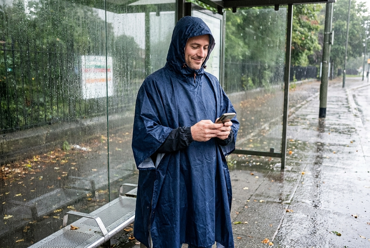Person im grünen NaturWide Regenponcho geht trocken mit Hund durch den herbstlichen Wald
